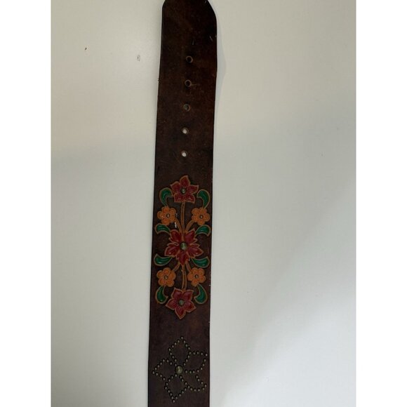 Leather Belt M Brown Floral Boho Studded 2.5" wide Tooled Leather Brass Buckle - Picture 7 of 16